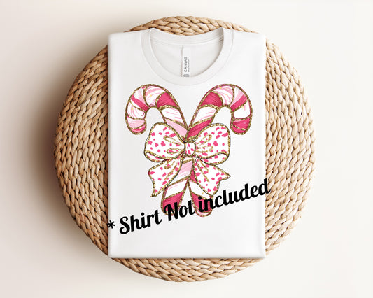 Pink Candy Cane Bow, Dtf Transfer, SHIRT NOT INCLUDED*