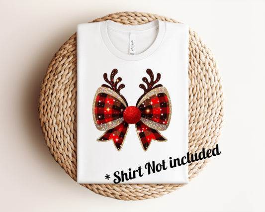 Christmas Reindeer  Bow, DTF print, *shirt not included