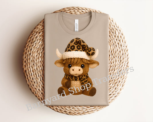 Cheetah Faux Yarn Highland Cow,Christmas Dtf Transfer, SHIRT NOT INCLUDED*